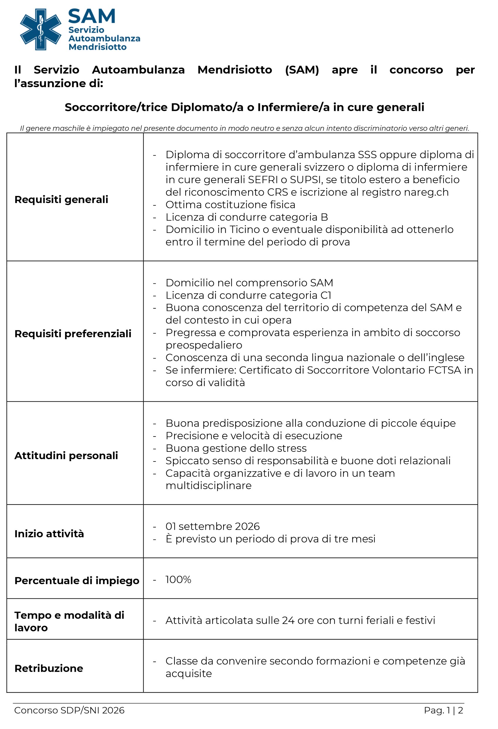 SAM Bando di concorso SDP SNI 1