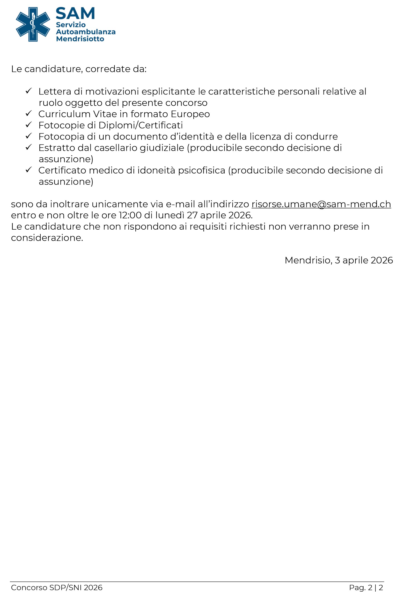 SAM Bando di concorso SDP SNI 2